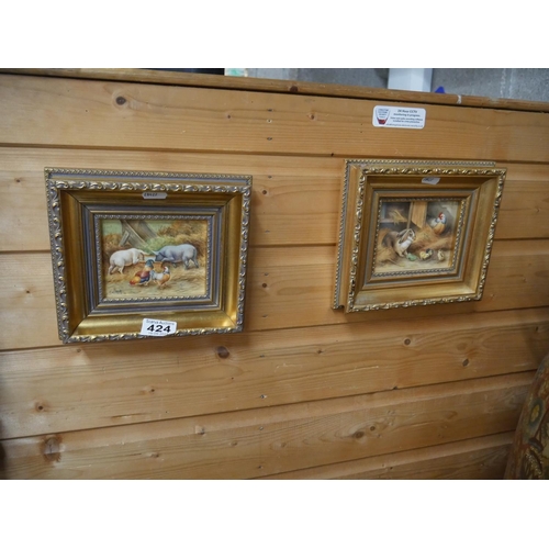 424 - PAIR OF GILT FRAMED OIL PAINTINGS ON CERAMIC SIGNED F. CLARK