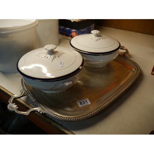 831 - SILVER PLATED TRAY & 2 TUREENS