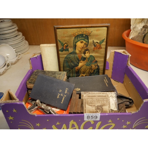 859 - BOX OF RELIGIOUS ITEMS