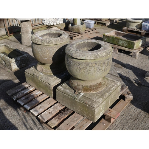 97 - PAIR OF SANDSTONE PLANTERS ON CUT STONE BASES