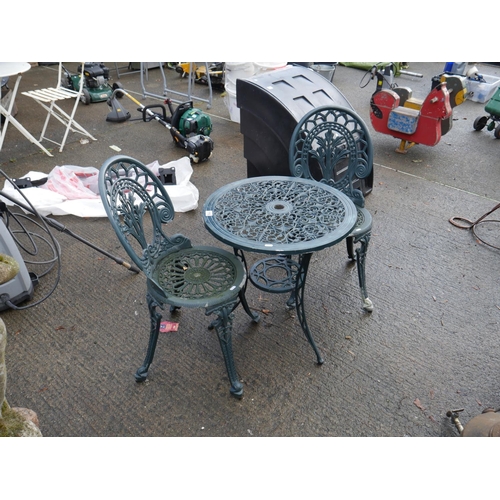 116 - CAST ALLOY BISTRO TABLE & 2 CHAIRS