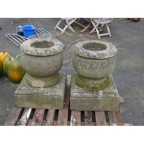 72 - PAIR OF SANDSTONE PLANTERS ON CUT STONE BASES