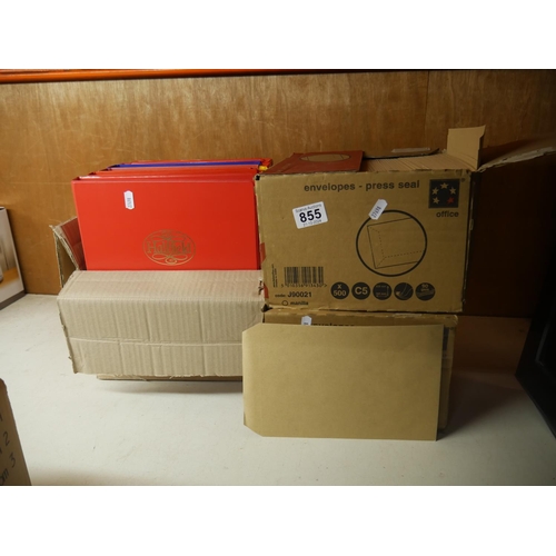 855 - 2 BOXES OF ENVELOPES & BOX OF FILES