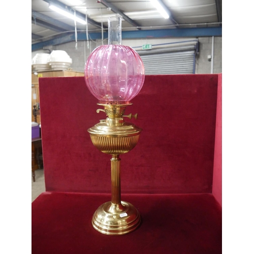 349 - BRASS LAMP WITH RUBY SHADE