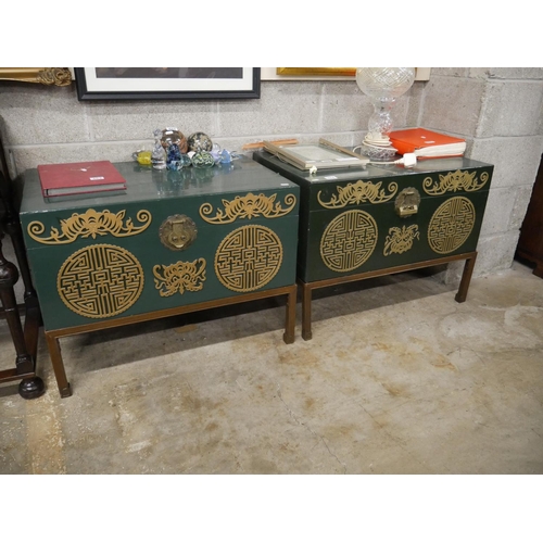 484 - PAIR OF ORIENTAL LAQUERED CHESTS ON STAND