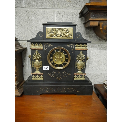 505 - LARGE VICTORIAN SLATE CLOCK WITH BASS INLAY