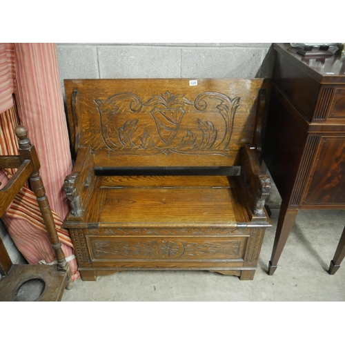 528 - VICTORIAN CARVED OAK MONKS BENCH