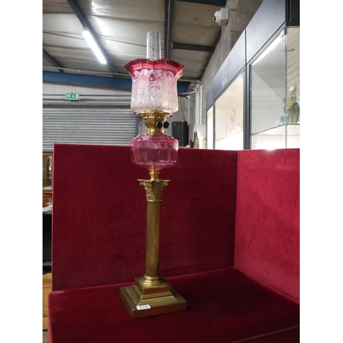 310 - RUBY CORINTH COLUMN OIL LAMP WITH VICTORIAN RUBY SHADE