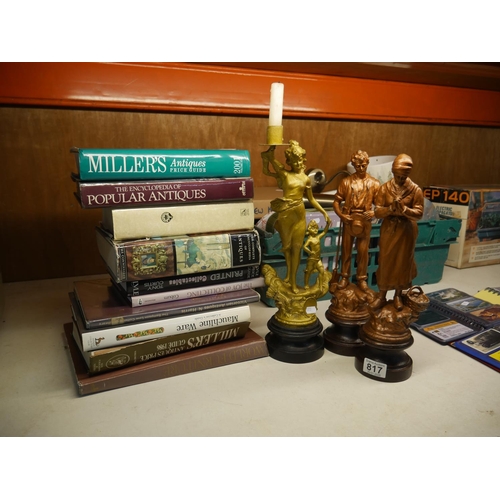 817 - 3 FIGURINES & LOT OF ANTIQUE BOOKS