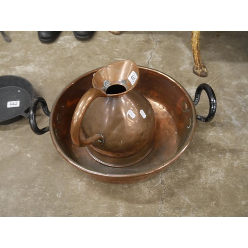445 - COPPER PRESERVE PAN AND JUG