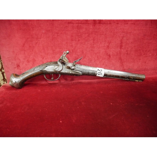 26 - QUEEN ANNE STYLE FLINTLOCK PISTOL MECHANISM GOOD TOTAL LENGTH 19 INCHES