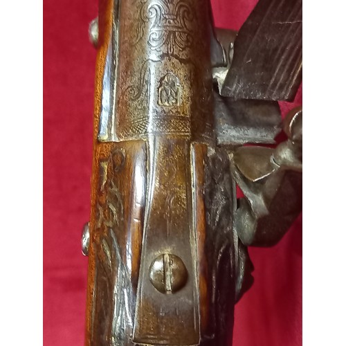27 - QUEEN ANNE STYLE FLINTLOCK PISTOL MECHANISM GOOD TOTAL LENGTH 19 INCHES