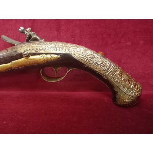 28 - FLINTLOCK PISTOL MECHANISM GOOD TOTAL LENGTH 19 1/2 INCHES