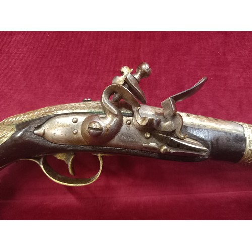 28 - FLINTLOCK PISTOL MECHANISM GOOD TOTAL LENGTH 19 1/2 INCHES