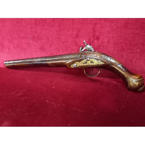 30 - FLINTLOCK PISTOL MECHANISM WORN TOTAL LENGTH 17 1/2 INCHES