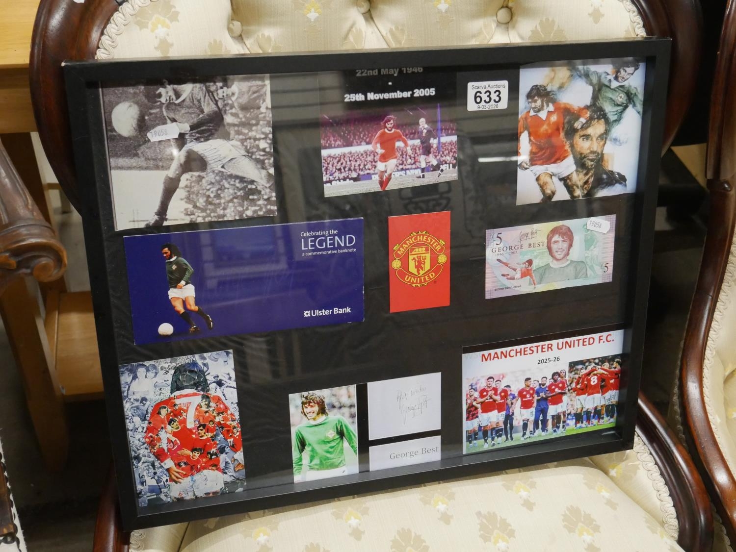 GEORGE BEST £5 NOTE AND COLLECTABLES IN FRAME