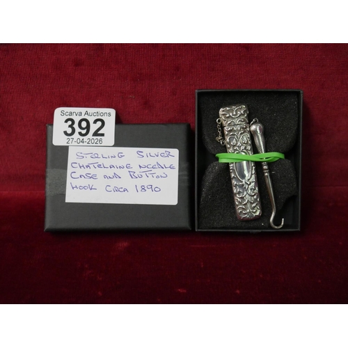 392 - VICTORIAN SILVER BUTTON HOOK AND SMALL SILVER NEEDLE CASE