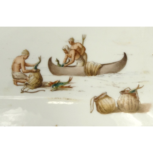 54 - Victorian meat platter decorated with fishermen, marks to the reverse, 61cm long