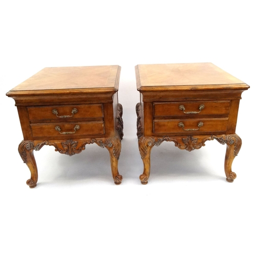 5A - Pair of carved American walnut night stands with a single drawer, 65cm tall x 60cm wide x 68cm deep