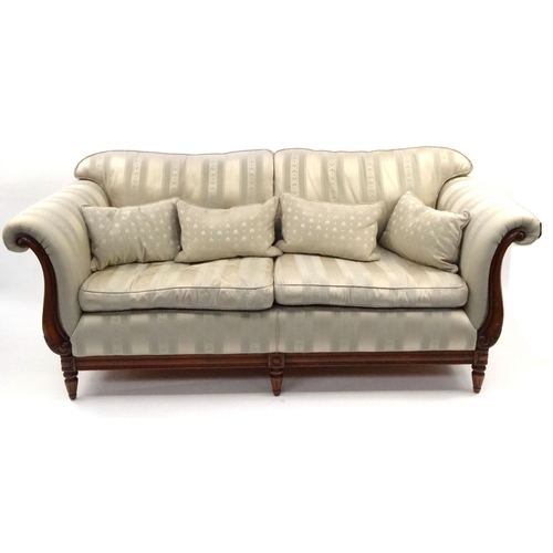 10A - French design mahogany settee with striped upholstery,  approximately 200cm long