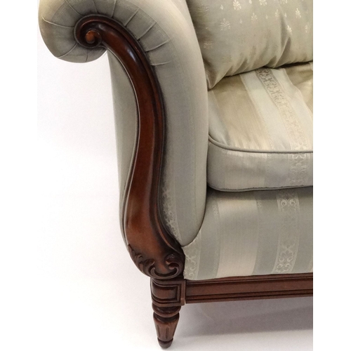 10A - French design mahogany settee with striped upholstery,  approximately 200cm long