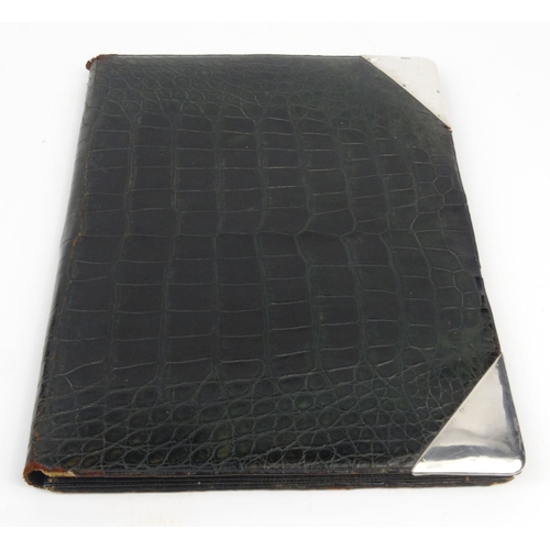 114 - Green stained crocodileskin document case with silver corners, London 1901, 32cm x 23cm