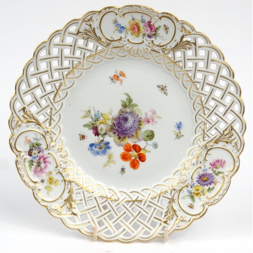 730 - Meissen pierced porcelain plate hand painted with flowers, blue underglazed swords and numbered 56 t... 