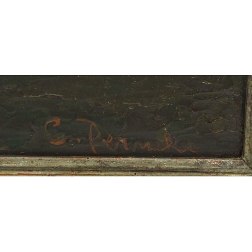 1222 - Oil onto canvas of a sunrise landscape after Constant Permeke, signed, framed, 76cm x 53cm excluding... 