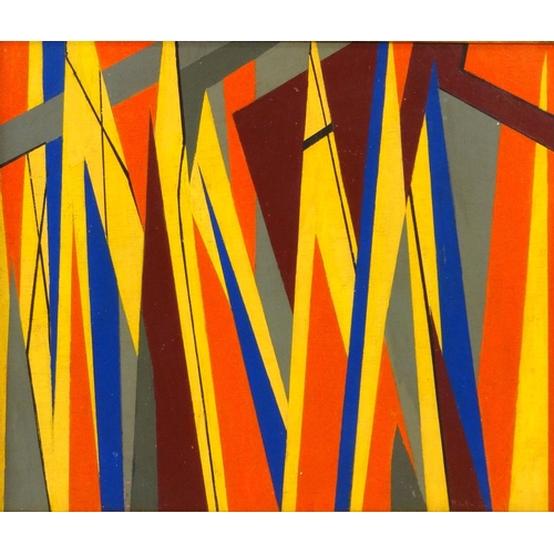 1195 - Oil onto board abstract composition of geometric lines bearing a signature Ralnfon Cawfoud?, gilt fr... 