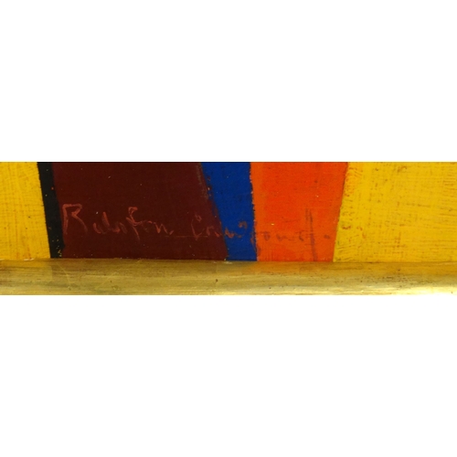 1195 - Oil onto board abstract composition of geometric lines bearing a signature Ralnfon Cawfoud?, gilt fr... 