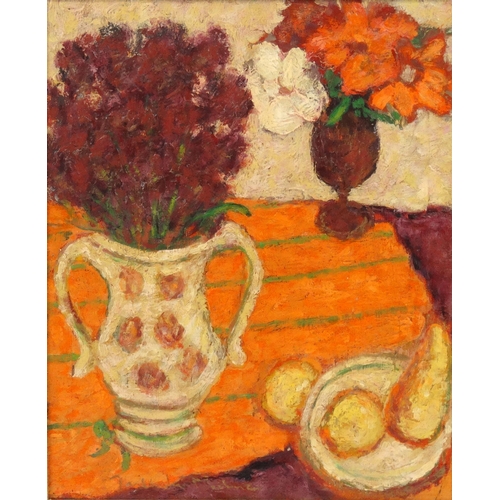 1211 - Oil onto canvas of still life flowers in a vase, bearing a indistinct signature, framed, 60cm x 47cm... 