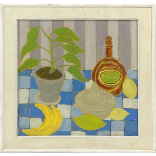 1194 - Oil onto board still life of fruit and a flower in a vase after Bryan Pearce, signed, framed, 59cm s... 