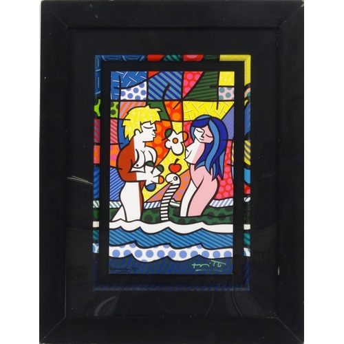 1119 - Romero Britto - Signed pop art print of Adam and Eve, housed in a case with hand painted border, fra... 
