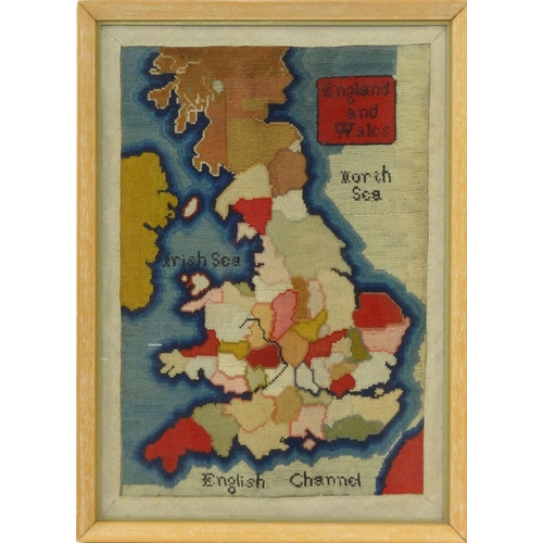 77 - Victorian woolwork sampler of the map of England and Wales, mounted in a frame, paper label to rever... 