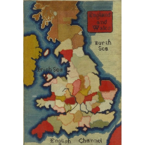 77 - Victorian woolwork sampler of the map of England and Wales, mounted in a frame, paper label to rever... 