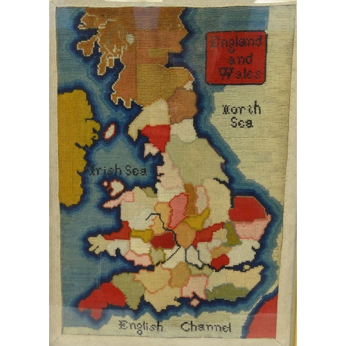 77 - Victorian woolwork sampler of the map of England and Wales, mounted in a frame, paper label to rever... 