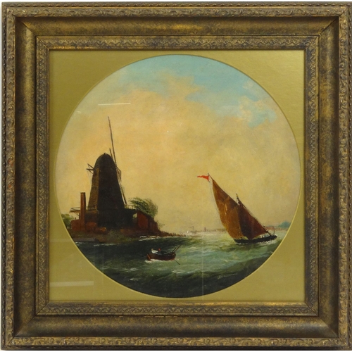 1118 - Pair of oil onto canvas of Dutch shipping scenes, mounted in wooden frames, 33cm diameter excluding ... 