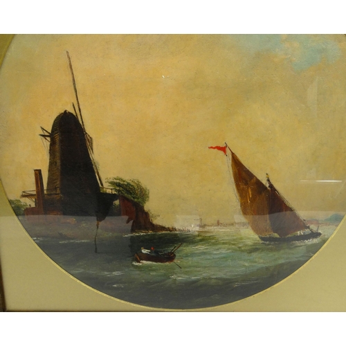 1118 - Pair of oil onto canvas of Dutch shipping scenes, mounted in wooden frames, 33cm diameter excluding ... 