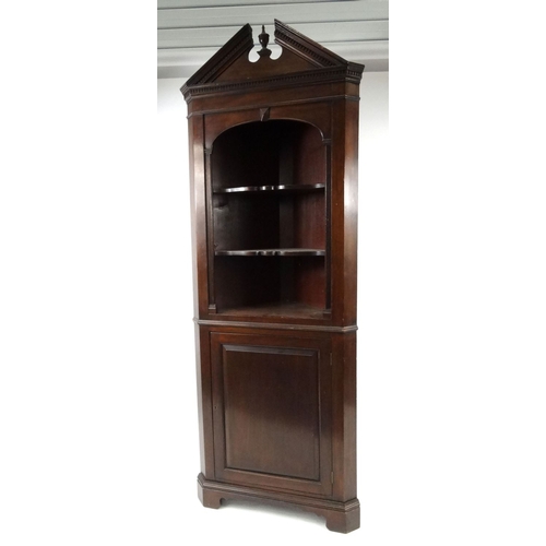 7 - Mahogany corner cabinet fitted with open shelves above a cupboard base, 217cm high x 78cm wide x 51c... 