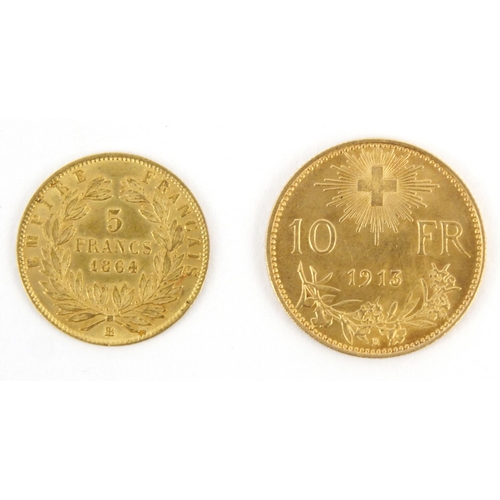 271 - **AMENDED DESCRIPTION 2/3** Swiss 1913 gold 10 franc coin, together with a French 1864 gold 5 franc ... 