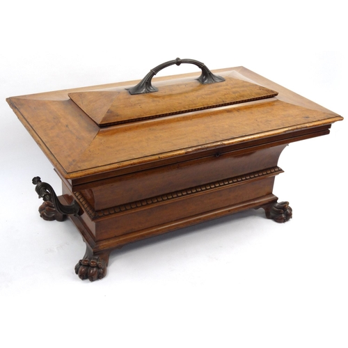 1 - Regency mahogany wine cooler with stylish bronze carrying handles on lion paw feet, 68cm high x 108c... 