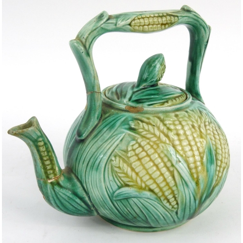 712 - Victorian Majolica pottery teapot in the form of corn on the cob, painter's marks to base