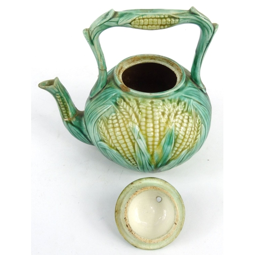 712 - Victorian Majolica pottery teapot in the form of corn on the cob, painter's marks to base