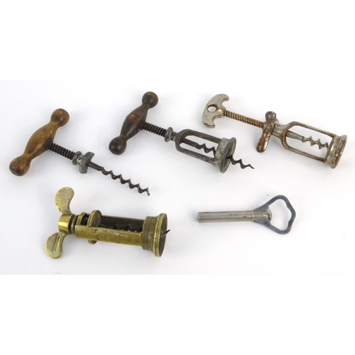 61 - Selection of corkscrews including a Higgs & Smiths Liverpool brass example, the largest 14cm long