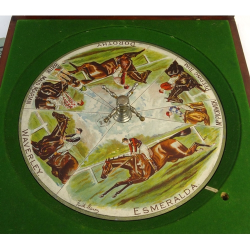 551 - Victorian mahogany boxed Sandown Park roulette style horse racing game, F. Ayres London, the box 50c... 