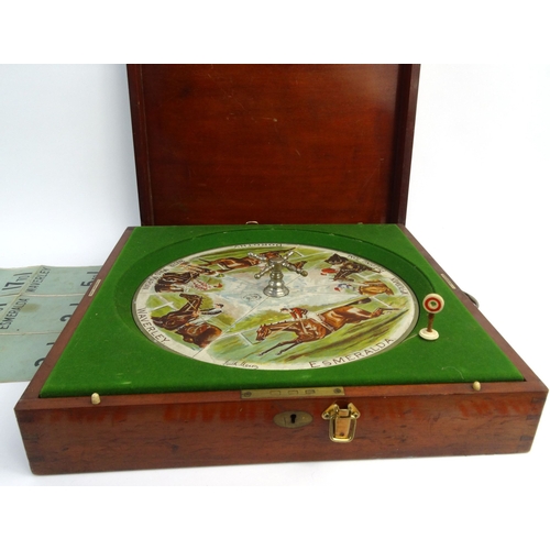 551 - Victorian mahogany boxed Sandown Park roulette style horse racing game, F. Ayres London, the box 50c... 