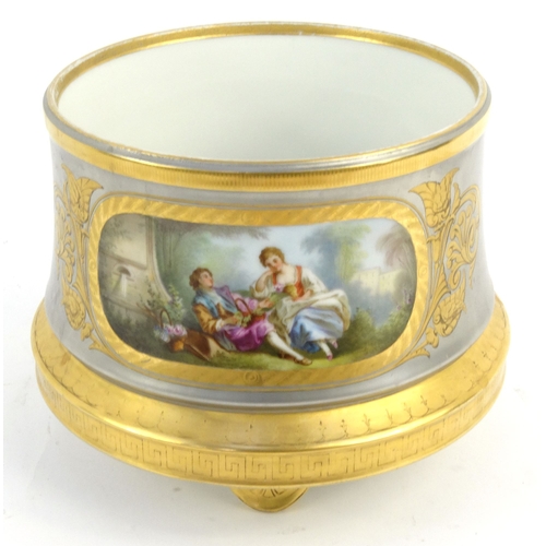 717 - 19th Century Continental porcelain jardinière hand painted and gilded with a panel of lovers and flo... 