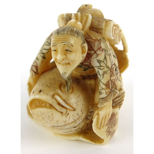 589 - Oriental Japanese ivory Netsuke in the form of an elderly man riding a carp, signature mark to base,... 