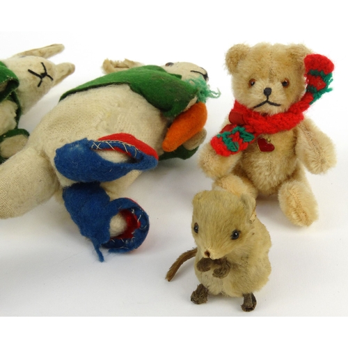 541 - Two miniature jointed teddy bears and two Peter Rabbit soft toys and felt mouse with paper label, th... 