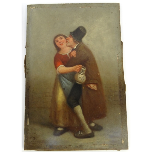 67 - SB- Two Victorian oil onto mahogany panel paintings of a merry lady and gentleman with dog, H. Alden... 